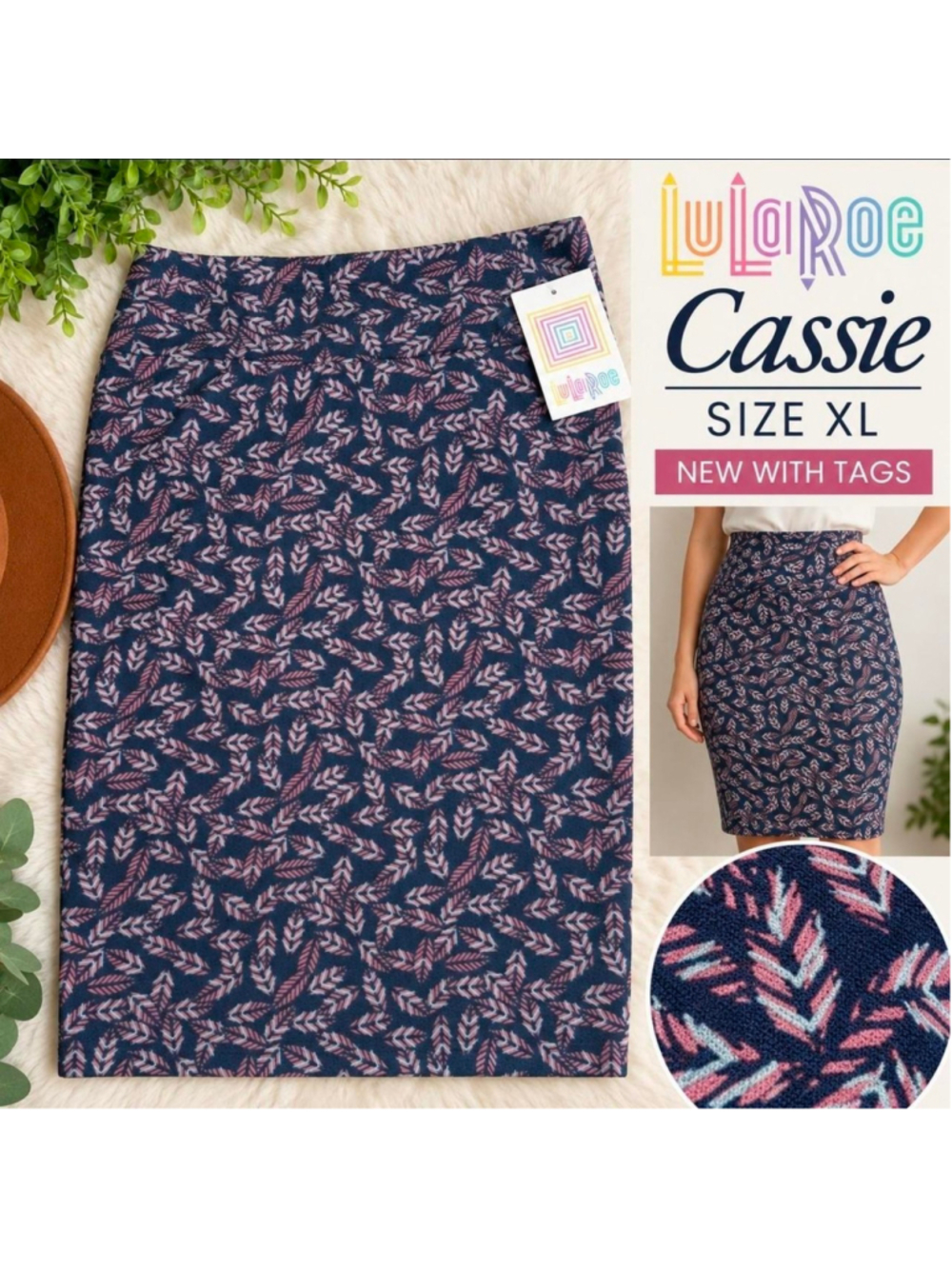 Lularoe Cassie XL Navy Pink Leaf Print Pencil Skirt NWT